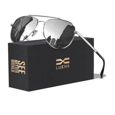 Imagem de LUENX Óculos de sol aviador para homens e mulheres com lentes polarizadas para dirigir – proteção UV 400 com acessórios 60 mm, 6 lentes prateadas espelhadas, 60MM