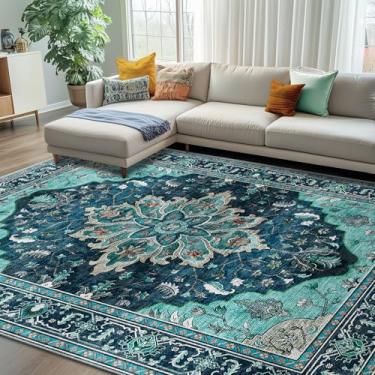 Imagem de RELEANY Tapetes de área, 2,8 m x 25,4 m, lavável, antiderrapante, estampa floral, vintage, tapete medalhão para sala de estar, quarto, sala de jantar, verde-petróleo, azul lago turquesa