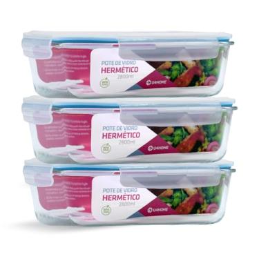 Imagem de Kit 3 Potes de Vidro Retangular com Tampa Hermética 2800ml (Azul)