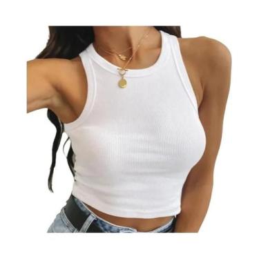Imagem de Top Cropped Branco Com Ombros Descidos Para Mulheres, Casual De Verão,