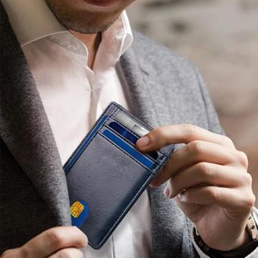 Imagem de Carteira fina para homens e mulheres, bolso frontal minimalista com bloqueio de RFID, porta-cartão de crédito, Padrão de cera de óleo - azul marinho (PU), 1 Count (Pack of 1), Slim