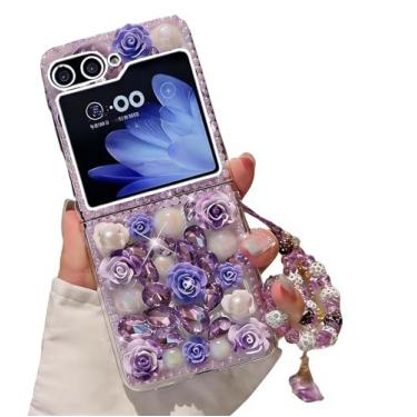 Imagem de Capa para Samsung Galaxy Z Flip 6 Glitter Bling Case, Cute Luxury 3D Sparkle Crystal Rhinestone Flowers Diamond Pearl Gems with Lanyard Wrist Strap Women Girls Phone Case for Galaxy Z Flip 6 5G