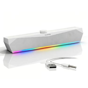 Imagem de Alto-falantes de computador para PC de mesa, alto-falantes de PC, luzes de toque RGB, alimentado por USB-C com som surround, efeitos sonoros simétricos, entrada de 3,5 mm, malha totalmente metálica