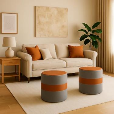 Imagem de Kit Puff Redondo Estofado 2 Unidades em – Design Moderno com Faixa Decorativa para Sala, Quarto e Escritório – Suporta até 100kg(Cinza/Marrom)