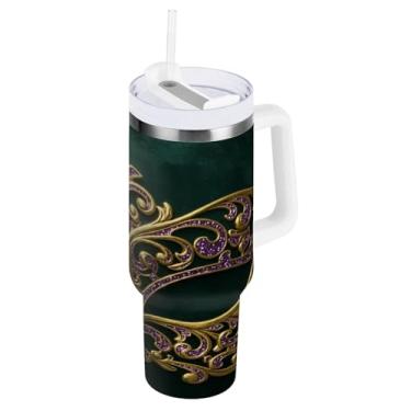 Imagem de Blueangle Copo isolado de máscara de carnaval de 850 g com alça e tampa de palha, caneca de viagem reutilizável de aço inoxidável (945)