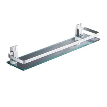 Imagem de KHUTRW3D Prateleira de banheiro de vidro, prateleira de chuveiro de 39,9 cm com trilho de alumínio, sem perfuração, suporte de chuveiro flutuante moderno montado na parede, suporte de chuveiro