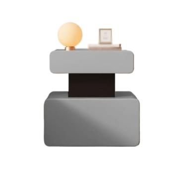 Imagem de Mesa de cabeceira moderna cinza claro de madeira pequena armazenamento de quarto gaveta dupla de couro irregular aparador prático (grande)