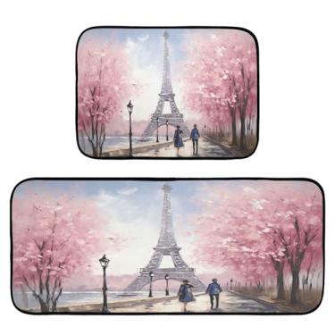 Imagem de xigua Conjunto de 2 peças de tapetes e tapetes de cozinha com pintura da Torre Eiffel, tapetes de cozinha macios absorventes para chão, tapete de cozinha, antiderrapante, conjunto de capachos, 50 x