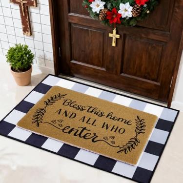 Imagem de ARQRHTLY 2 peças Bless This Home and All Who Enter Capacho, Christian Welcome antiderrapante, tapete xadrez preto e branco, capachos em camadas para decoração de entrada de varanda interna e externa