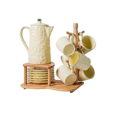 Imagem de x3anggyt5 Jarro de água de cerâmica, conjunto de água, caixa de presente, xícara de chá, sala de estar, chaleira fria, flor, conjunto de chá, conjunto de café para casa, jarra de chá gelada (amarelo)