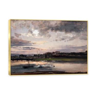 Imagem de NHLDZYH Moldura dourada. Trabalho mestre do romance norueguês, réplica de quadro de J. C. Dahl, paisagem atmosférica, arte de parede com moldura para biblioteca ou sala. (Paisagem 17). 80 x 112 cm.