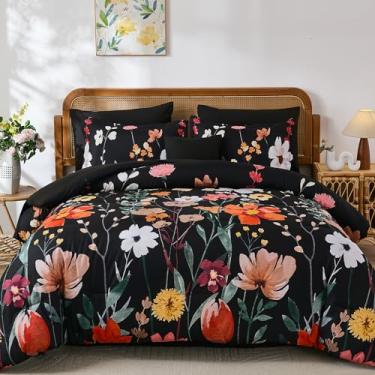 Imagem de Anibedding Conjunto de edredom King Size com 8 peças, preto, aquarela, floral, tamanho Queen em uma bolsa, conjunto de edredom com fronha, lençol para todas as estações
