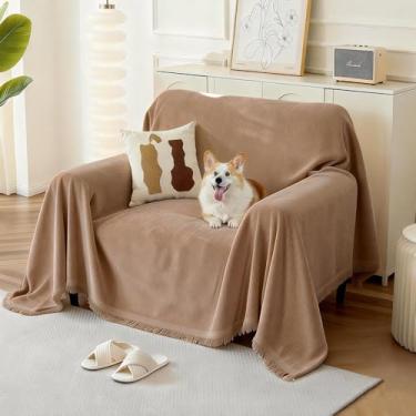 Imagem de KaviKon Capa de poltrona grande para 1 almofada, capa de poltrona lavável, protetor de sofá com borla (180 x 231 cm, cáqui)