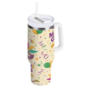 Imagem de Blueangle Máscara de carnaval de 850 g (2) copo isolado com alça e tampa de palha, caneca de viagem reutilizável de aço inoxidável (669)