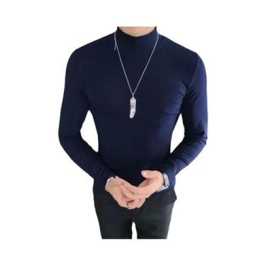 Imagem de Camiseta De Gola Alta Masculina Slim Fit De Manga Longa Em Cor Sólida,