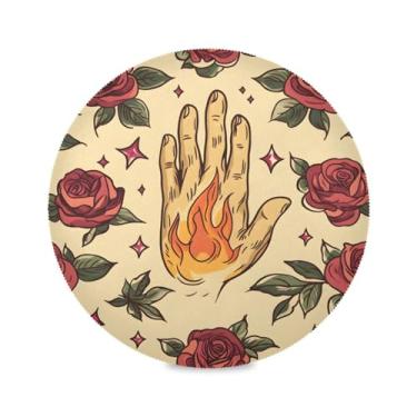 Imagem de STAYTOP Jogo americano redondo de mão com tatuagem de fogo, 6 peças, tapetes de mesa antiderrapantes fáceis de limpar para decoração de mesa de festa e churrasco