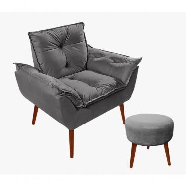 Imagem de Kit C/01 Poltrona Opala + 01 Puff Redondo Danny Suede Cinza Escuro