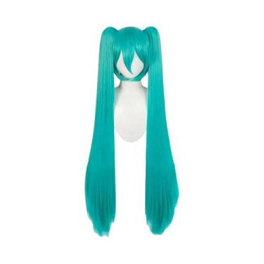 Imagem de Peruca Verde Longa E Lisa Com 2 Rabos De Cavalo Para Mulheres, Cabelo 