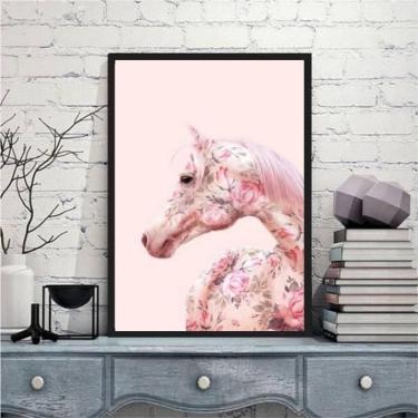 Imagem de Quadro Decorativo Cavalo Rosa Com Flores 33X24 C/Vidro Preta