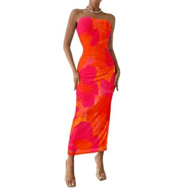 Imagem de Vestido Longo Justo Floral Laranja sem alça PRETTYGARDEN XL