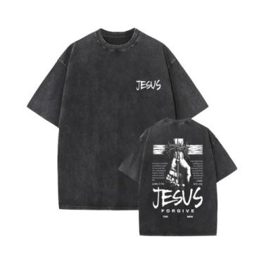 Imagem de Camiseta Oversized Vintage Lavada Com Estampa Gótica Rock Jesus Forgiv
