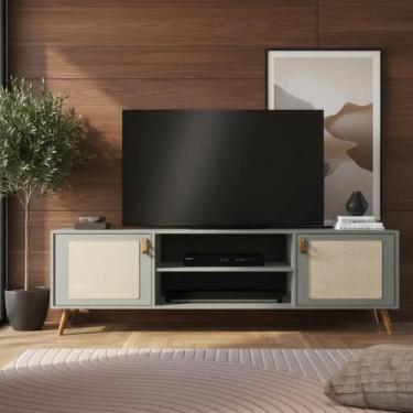 Imagem de Rack Para TV Com Pés De Madeira Tela Natural e Couro 180cm - Merk Move