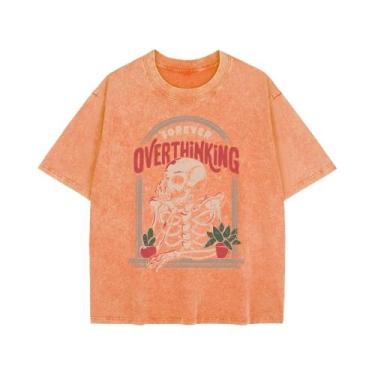 Imagem de Camiseta Feminina Oversized De Algodão Com Estampa De Esqueleto, Gola 