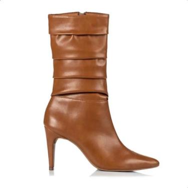 Imagem de Bota Mariotta Feminina Franzida Cano Médio Salto Bico Fino, Marron hav
