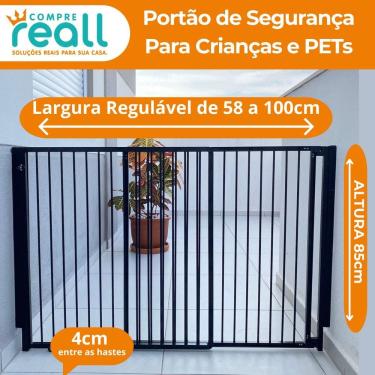 Imagem de Portão de segurança Crianças e PET Altura 85cm x Largura 58 a 100cm Alumínio Preto