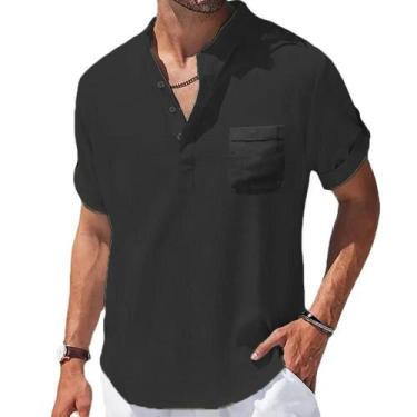 Imagem de Camiseta Masculina De Verão Em Algodão E Linho Com Gola Henley, Roupas