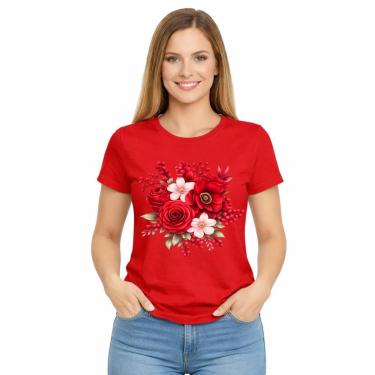 Imagem de Camiseta Feminina Estampada Rosa Flores Vermelhas Premium-Feminino