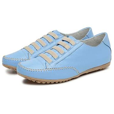 Imagem de Tenis Sapatilha Feminina Couro Conforto Palmilha EVA Macia Solado Borracha Com Cadarço Cano Curto Tamanho:36;Cor:Azul;Gênero:Feminino;Departamento BS:Esporte