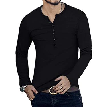 Imagem de NJNJGO Camiseta masculina casual slim fit Henley manga longa moda gola V camisetas, Preto, P