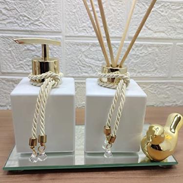 Imagem de Kit Lavabo Difusor Porta Sabonete Líquido Bandeja Espelhada Enfeite Decorativo-Dispenser Organizadores e Decoração Para Banheiro-Branco e Dourado-Luiggi Presentes®