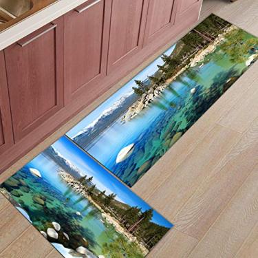 Imagem de Tapete de corredor de cozinha, lago transparente com pedras montanhas na floresta cenário natural tapete antiderrapante tapete de porta tapete tapete tapete para lavanderia cabeceira banheiro quarto conjunto de 2