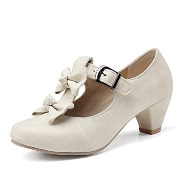 Imagem de GATUXUS Sapato feminino Mary Jane laço salto grosso médio sapato de salto alto doce Lolita, Marfim, 6.5