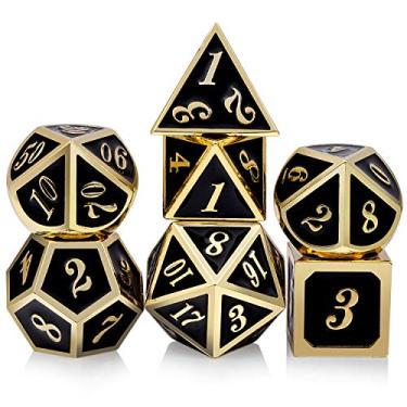 Imagem de DNDND Metal Dice Set D&D, 7 die Metallic Polyhedral Dice Set with Gift Metal Box and Gold Number for DND Dungeons and Dragons Role Playing Games (Black and Gold)