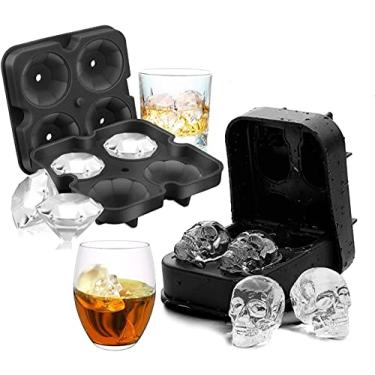 Imagem de Bandejas para Cubos de Gelo de Silicone de Grau Alimentício, Modelador de Cubos de Gelo 3D em Forma de Crânio e Diamante, Bandeja de Gelo de Silicone Flexível com Tampa Removível Resistente a Derrames e Funil de Pudim de Bourbon Preto…