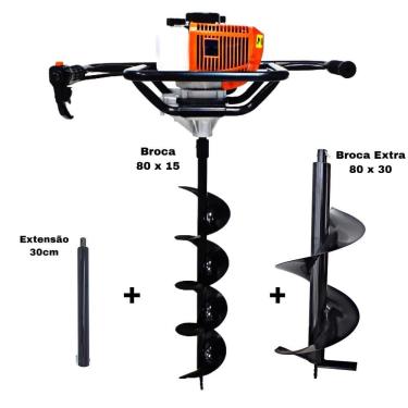 Imagem de KIT Perfurador de Solo Vulcan VPS520-S 2T 52CC 2,5HP com Broca 80x15cm + Broca Extra 80x30cm + Extensão Extra 30cm com Pino Trava