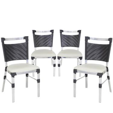 Imagem de Kit 4 Cadeiras Panero em Alumínio, Fibra Sintética com Assento Estofado p/ Espaço de Festa, Sala de Jantar, Restaurante - Preto/Branco