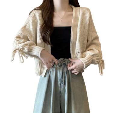 Imagem de Jaqueta de suéter de manga lanterna de cor sólida feminina, cardigã de malha bonito, jaqueta de suéter de malha curta feminina (C,XXL)