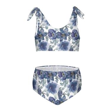 Imagem de Biquíni de cintura alta floral branco aquarela azul para meninas conjunto de biquíni de 2 peças para natação 3T, Aquarela, azul, floral, branco, 9-10 Years