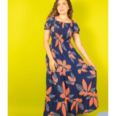 Imagem de Vestido Feminino Longo Azul Com Flores Laranja - Elas E Belas Boutique