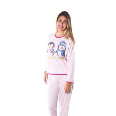 Imagem de Pijama Longo Feminino Linha Basica Rosa Com Estampa Pinguim - Bella Ch