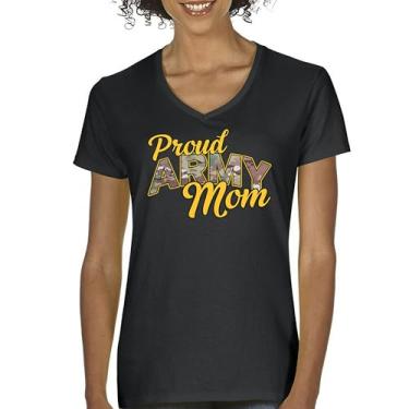 Imagem de Camiseta feminina com gola V Proud Army Mom US Military Family Pride Veteran Patriotic Armed Forces Mother's Day Licenciada, Preto, P