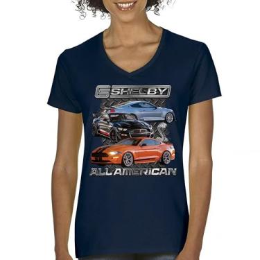 Imagem de Camiseta feminina Shelby All American Cobra gola V Mustang Muscle Car Racing GT 350 GT 500 Performance Powered by Ford Tee, Azul marinho, P