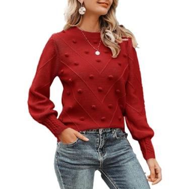 Imagem de Suéter feminino casual de malha de cor sólida pulôver de manga comprida suéter de gola rolê, Vermelho, G