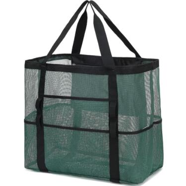 Imagem de Fammart Bolsa de praia de malha, bolsa de praia grande com bolso com zíper para a família, bolsa de piscina para brinquedos e itens essenciais de férias, Grande - Verde militar, Large, Tendência