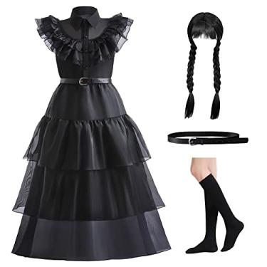 Imagem de GRIVOS Fantasia preta para meninas, vestido para crianças, roupa preta, fantasias de Halloween, cosplay, festa com cinto, meias de peruca 4-14 anos, Preto, 11-12 Anos