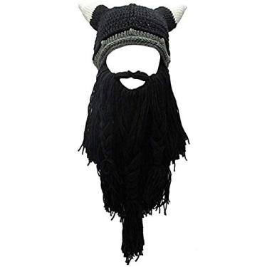 Imagem de Chapéu de barba de malha bárbaro criativo chapéu de malha engraçado peruca gorro gorro barba máscara facial, V - preto, tamanho �nico